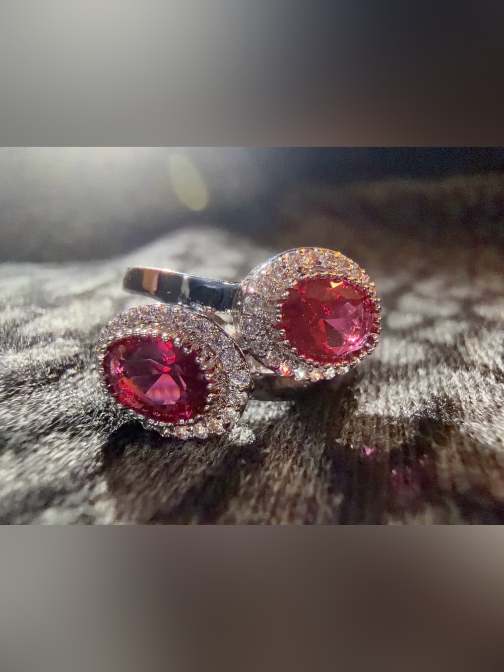 Size 6 Silver Cocktail Ring with Red Oval Gemstone and Halo Mini Gem Accents